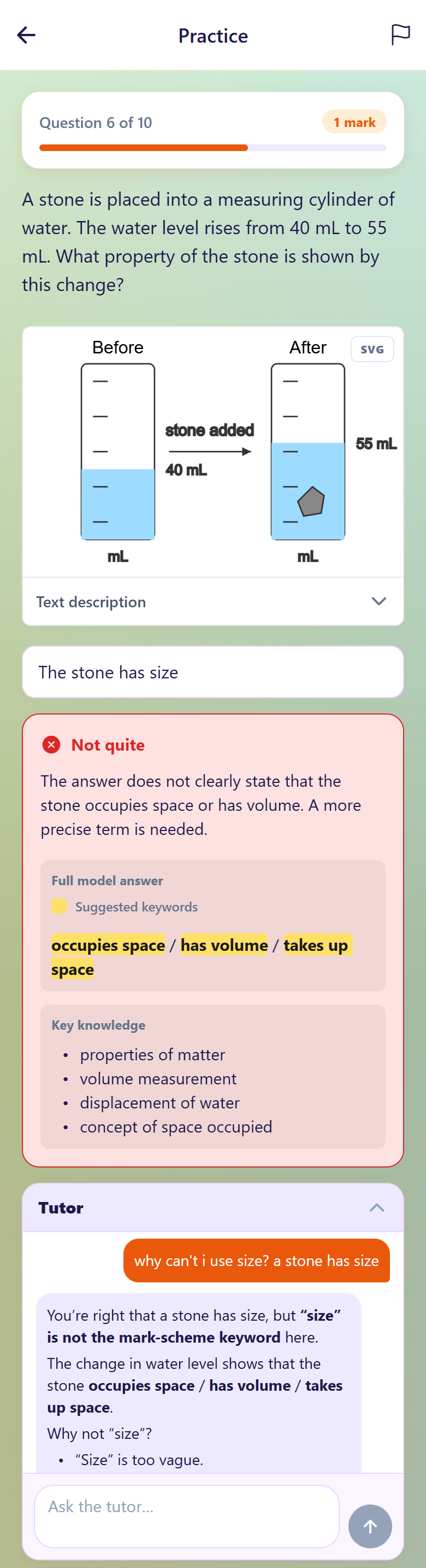 Mark-scheme-aligned feedback explaining why an answer missed keywords